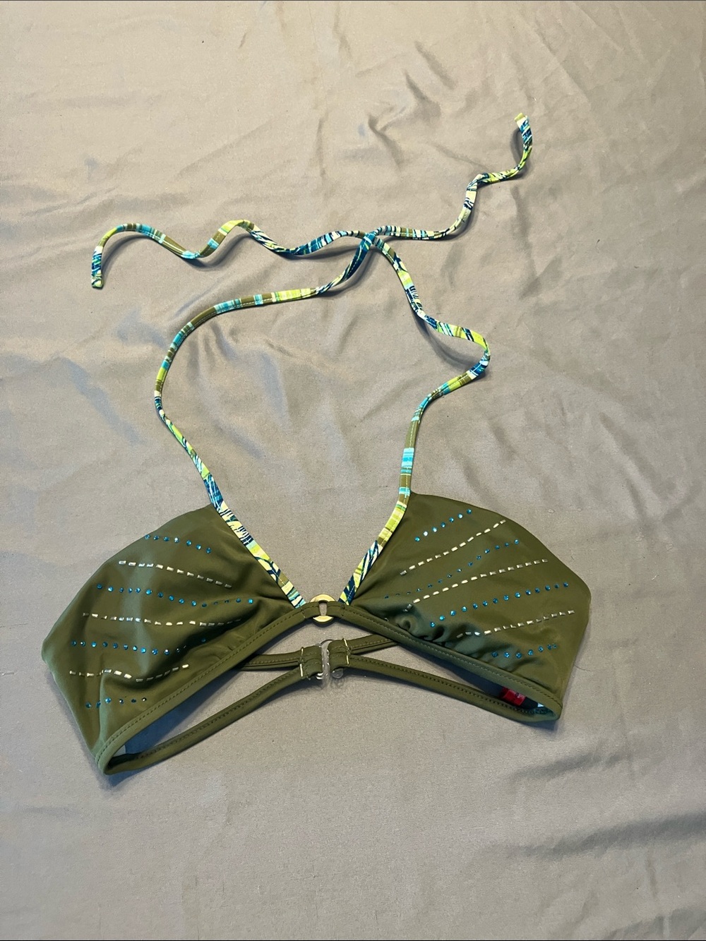 Gossip Olive Green Halter Bikini Top with Blue-Teal Accents
